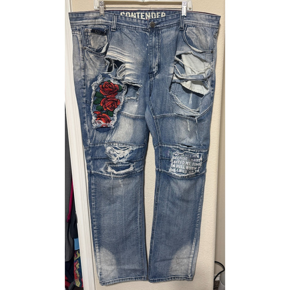 Y2K CONTENDER Blue Denim Jeans Distressed Embroidered Roses Mens 42x34 Thrashed - Picture 1 of 12
